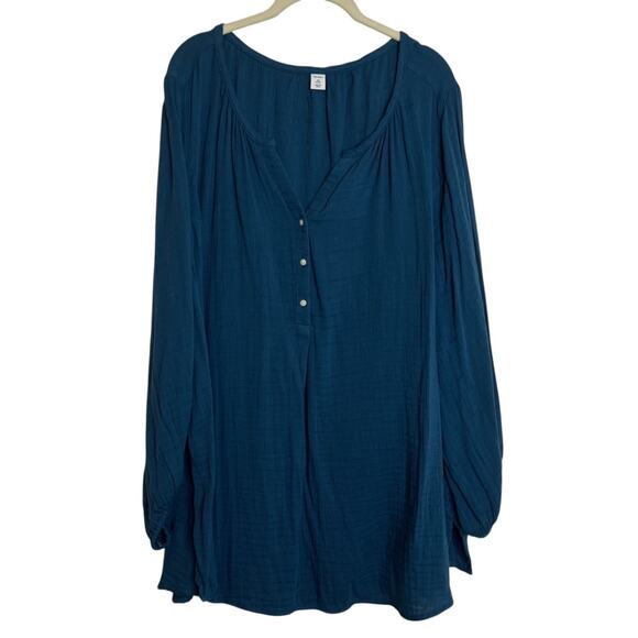 Old Navy Womens Plus Blouse 2X Teal Blue Peasant Tunic Crinkle Long Sleeve Boho - Picture 1 of 7